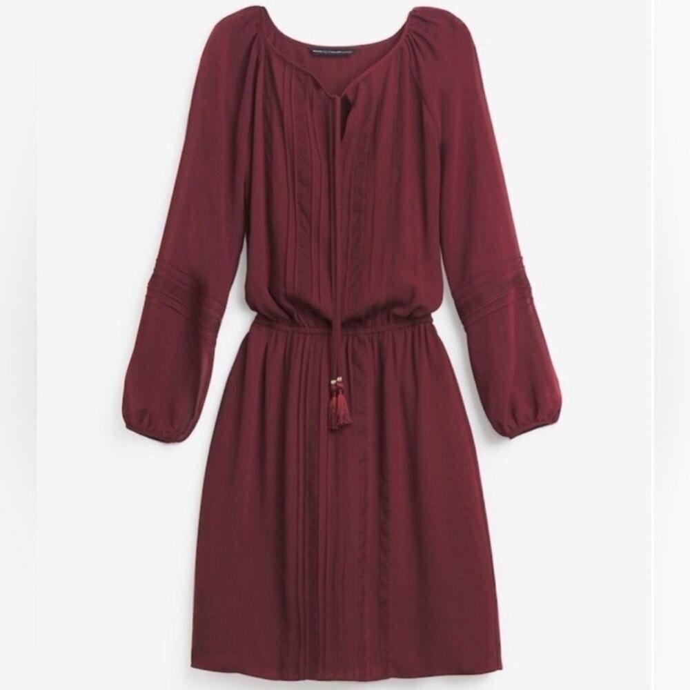WHBM Burgundy Boho Mini Dress Size S Long Sleeve Tassel Detail Fall Date Night